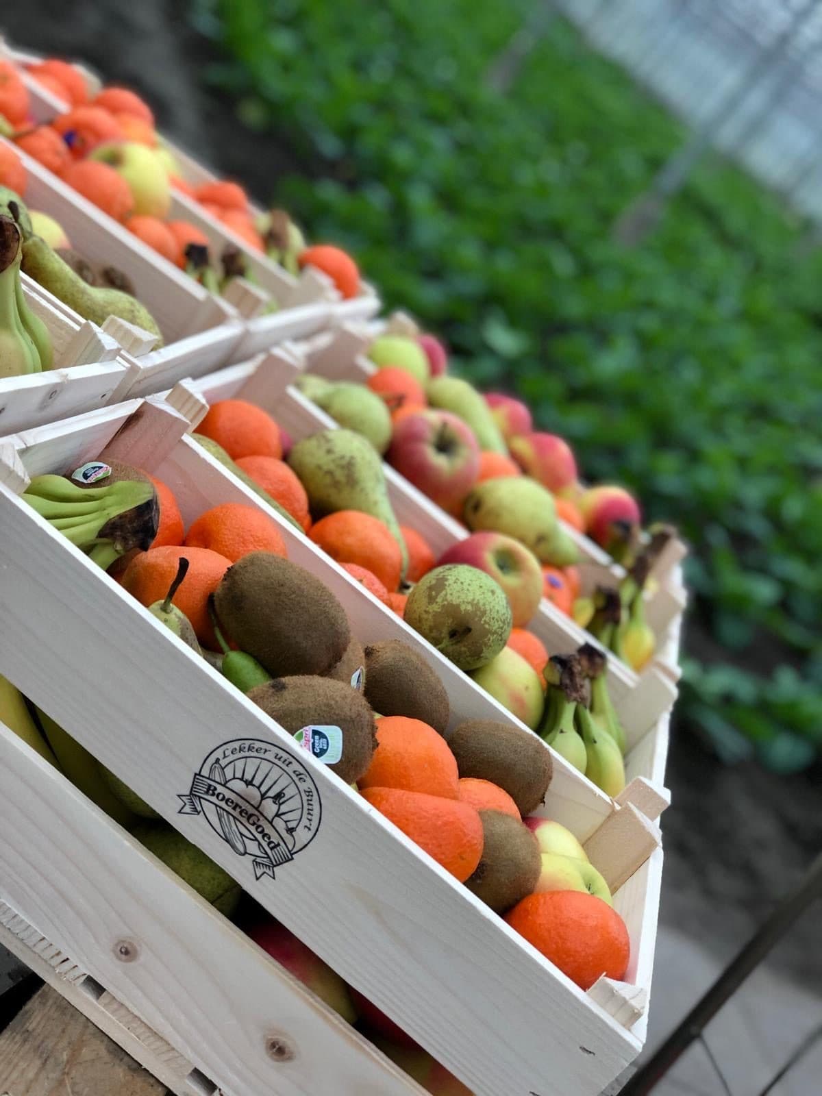 Houten werkfruitkisten van BoereGoed vol appels, peren, mandarijnen, kiwi's en bananen